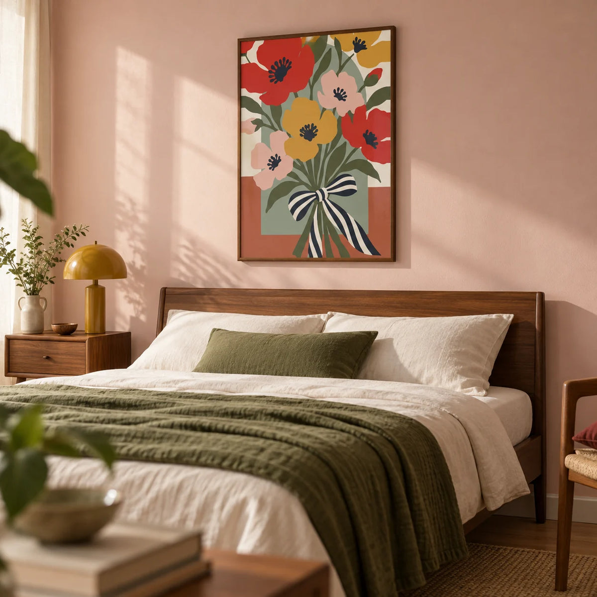 Flower Bouquet Print, framed on the wall of a calm mid-century bedroom with a pale blush pink wall