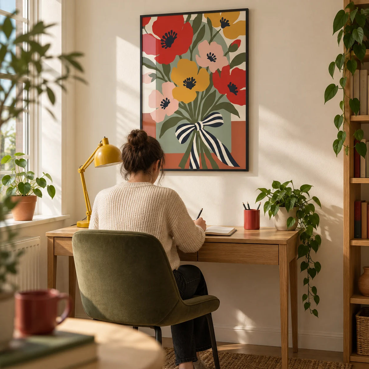 Flower Bouquet Print, framed on the wall of a creative home study in a compact UK flat with a warm cream wall