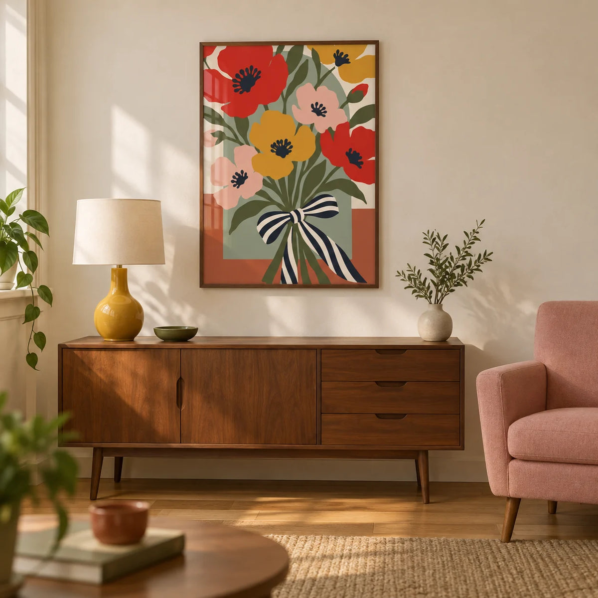 Flower Bouquet Print, framed on the wall of a mid-century living room in a UK terraced home with warm cream walls and an oak floor