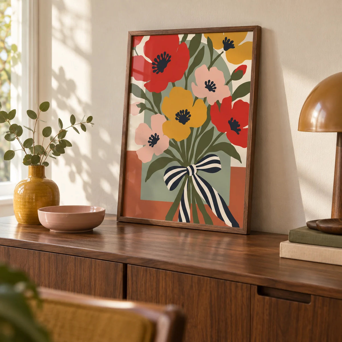 Flower Bouquet Print, a small A4 framed print leaning on a walnut side table in a hallway