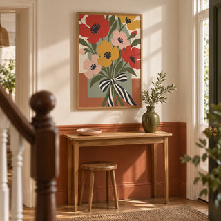 Flower Bouquet Print, framed on the wall of a welcoming hallway in a Victorian terrace with warm white walls and a terracotta painted lower wall