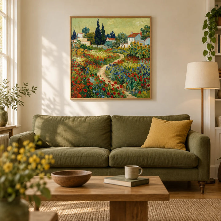 Flower Garden Art Print, framed on the wall of a warm living room in a Victorian terrace with pale cream plaster walls and honey-toned floorboards