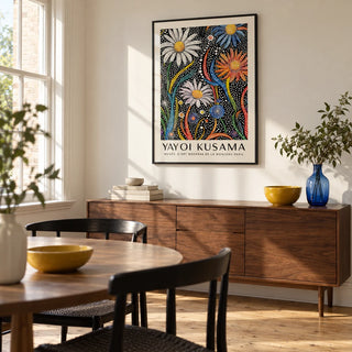 Flower Print for Framing, framed on the wall of a bright modern dining room in a Victorian terrace with an off-white wall and stripped timber floor