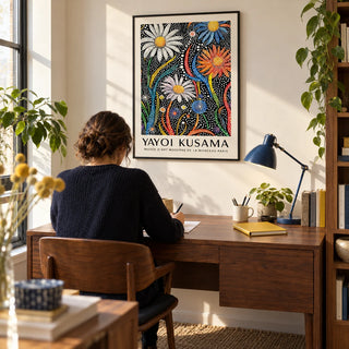 Flower Print for Framing, framed on the wall of a compact creative home study with a warm white wall and walnut furniture