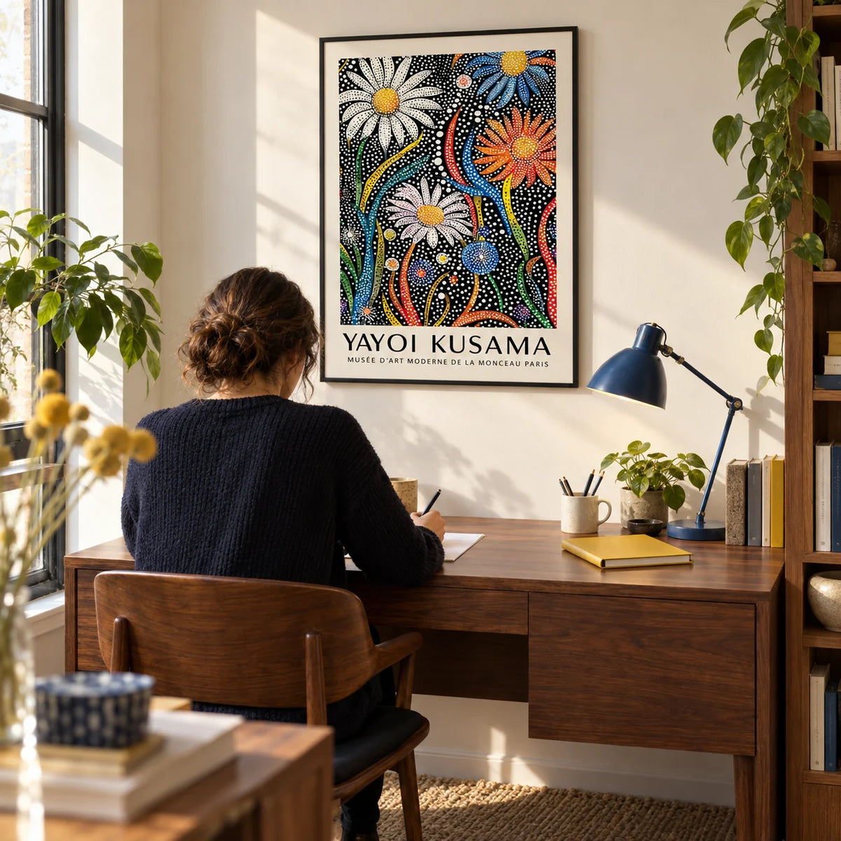Flower Print for Framing, framed on the wall of a compact creative home study with a warm white wall and walnut furniture
