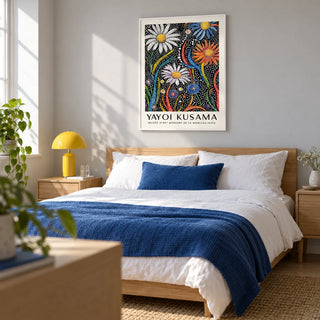 Flower Print for Framing, framed on the wall of a crisp contemporary bedroom in a young couple's UK flat with a pale grey wall