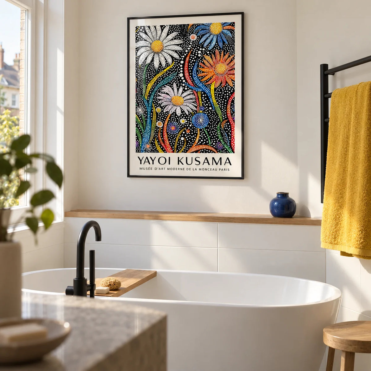 Flower Print for Framing, framed on the wall of a modern bathroom in a renovated UK terrace with a warm white painted wall and large plain white tiles
