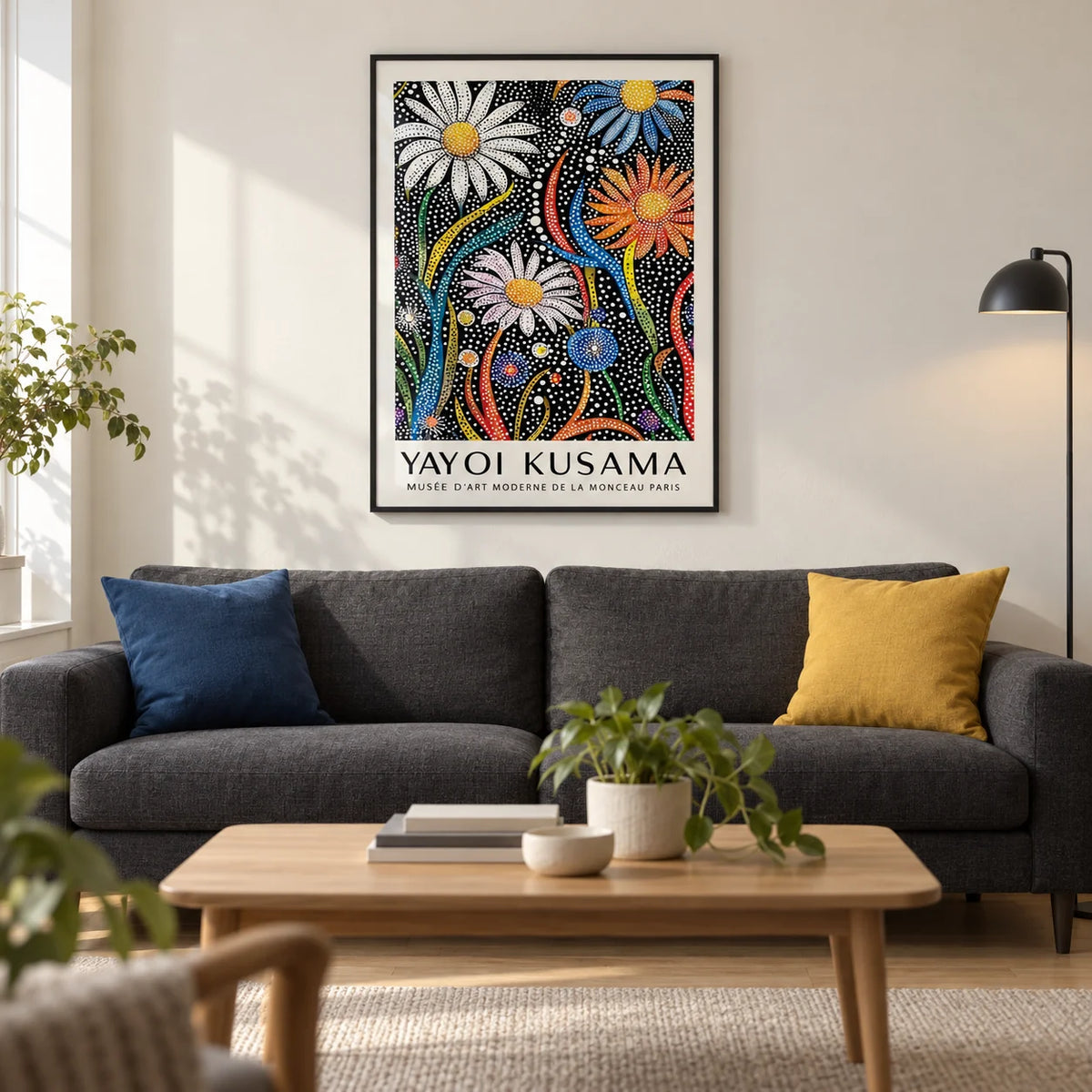 Flower Print for Framing, framed on the wall of a modern living room in a UK city flat with a warm white wall and pale oak floor