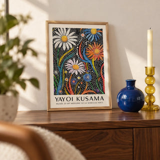 Flower Print for Framing, a small A4 framed print leaning on a walnut side table in a hallway