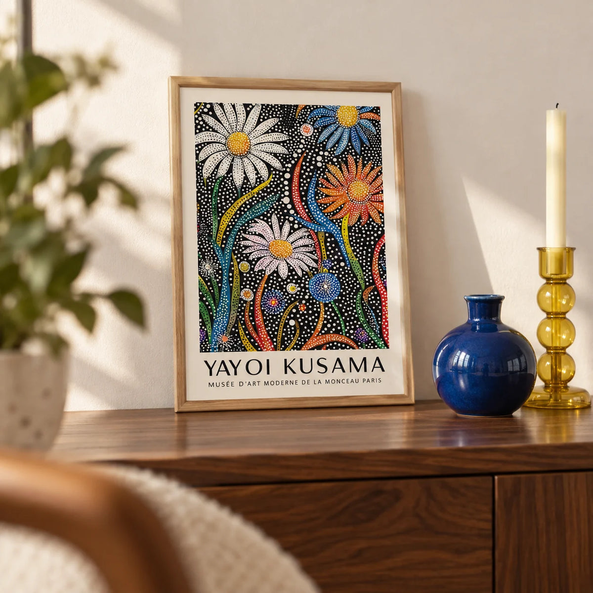 Flower Print for Framing, a small A4 framed print leaning on a walnut side table in a hallway