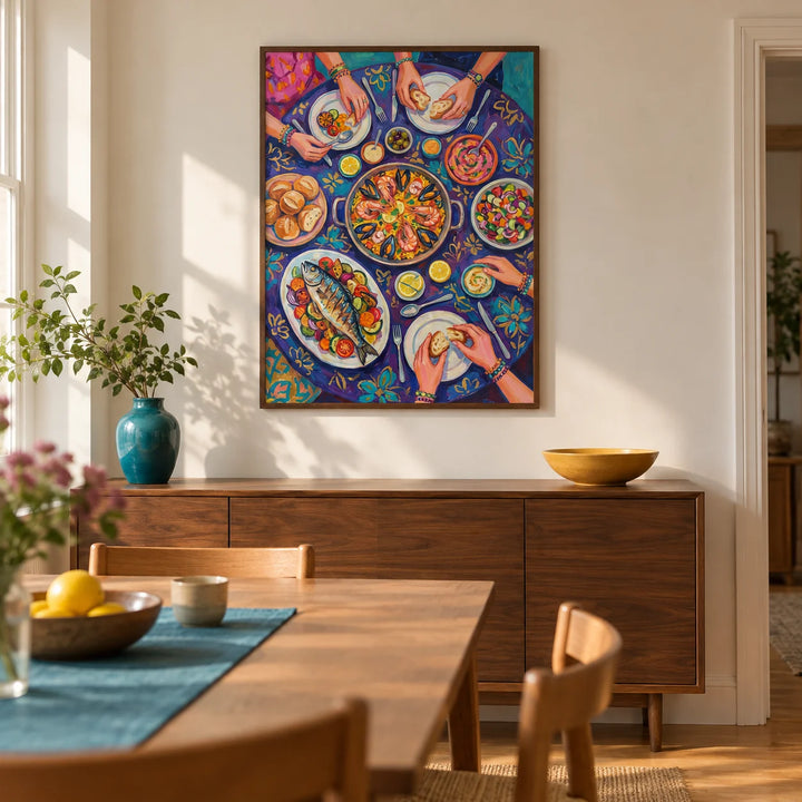 Food Art Print, framed on the wall of a contemporary dining room in a UK terraced house with warm white plaster walls and an oak floor