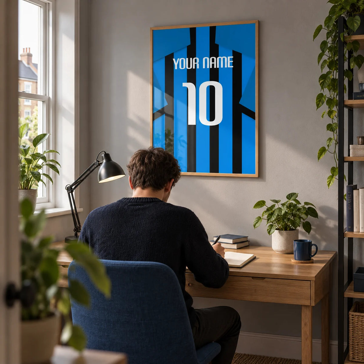 Football Shirt Poster in Black and Blue Stripes with Blue Sleeves, framed on the wall of a compact home study in a young adult's UK terrace