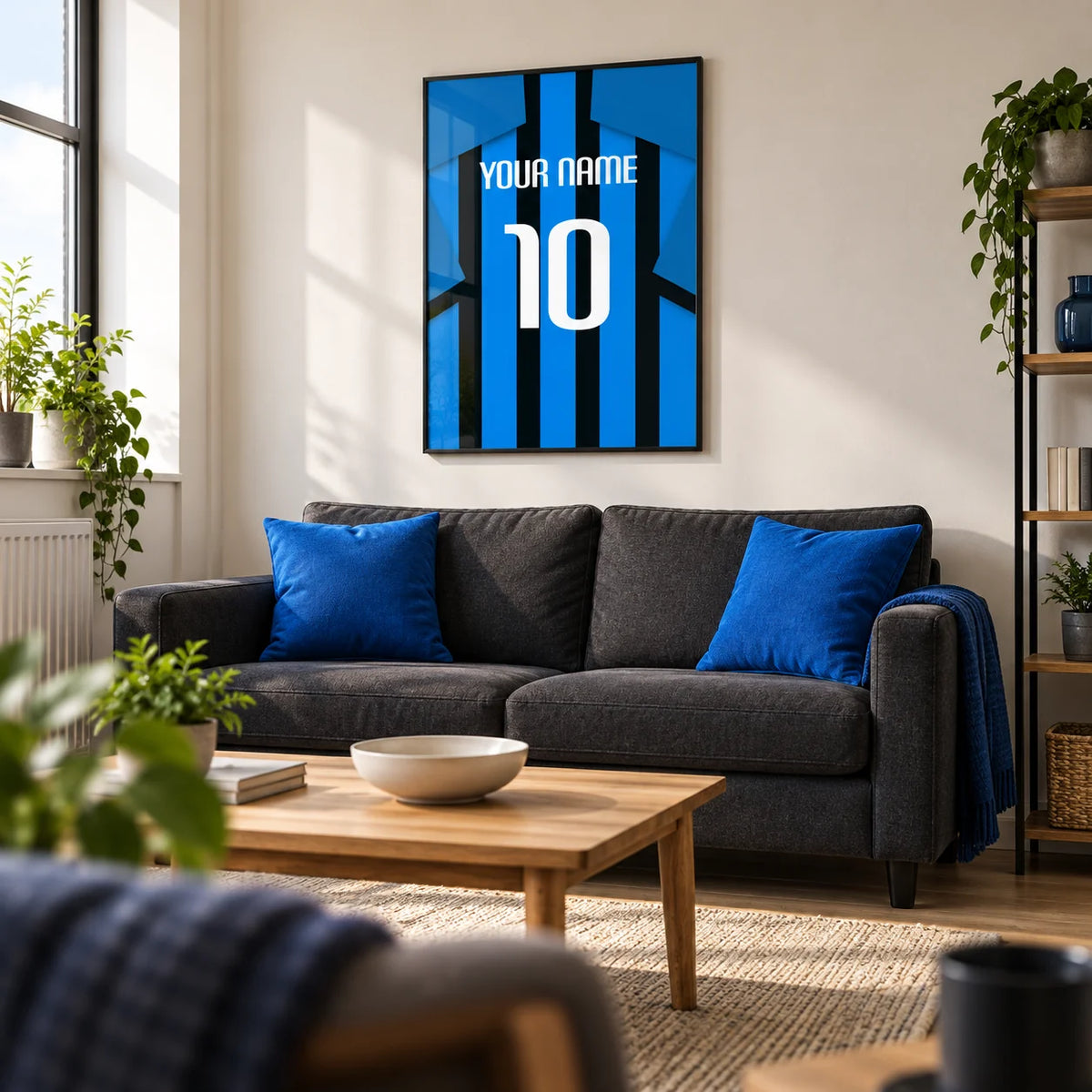Football Shirt Poster in Black and Blue Stripes with Blue Sleeves, framed on the wall of a crisp living room in a football fan's first UK flat (22-28)