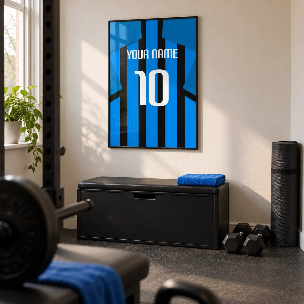 Football Shirt Poster in Black and Blue Stripes with Blue Sleeves, framed on the wall of a modest home gym in a converted UK spare room