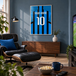 Football Shirt Poster in Black and Blue Stripes with Blue Sleeves, framed on the wall of a small football-watching snug in a UK terraced house in a living room