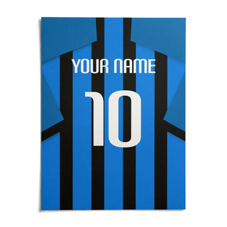 Football Shirt Poster in Black and Blue Stripes with Blue Sleeves, shown as an unframed paper print on a plain white background