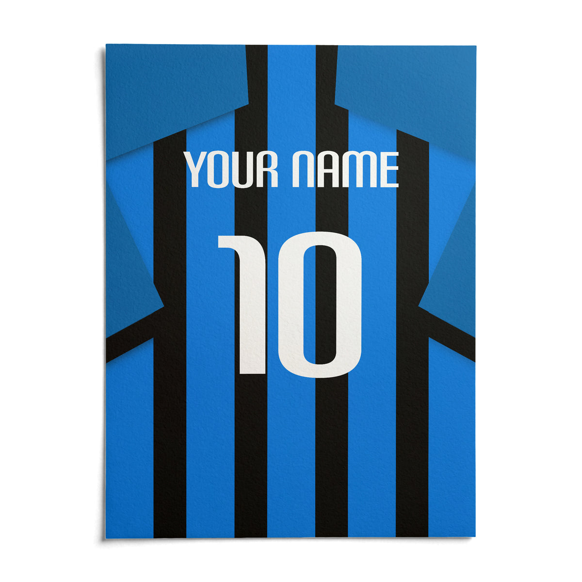 Football Shirt Poster in Black and Blue Stripes with Blue Sleeves, shown as an unframed paper print on a plain white background