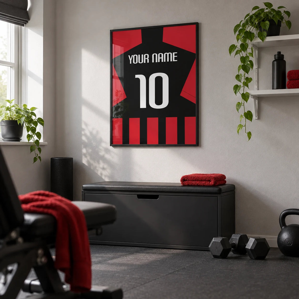 Football Shirt Poster in Black and Red Stripes, framed on the wall of a compact home gym in a UK terrace with a light grey wall and plain dark rubber flooring