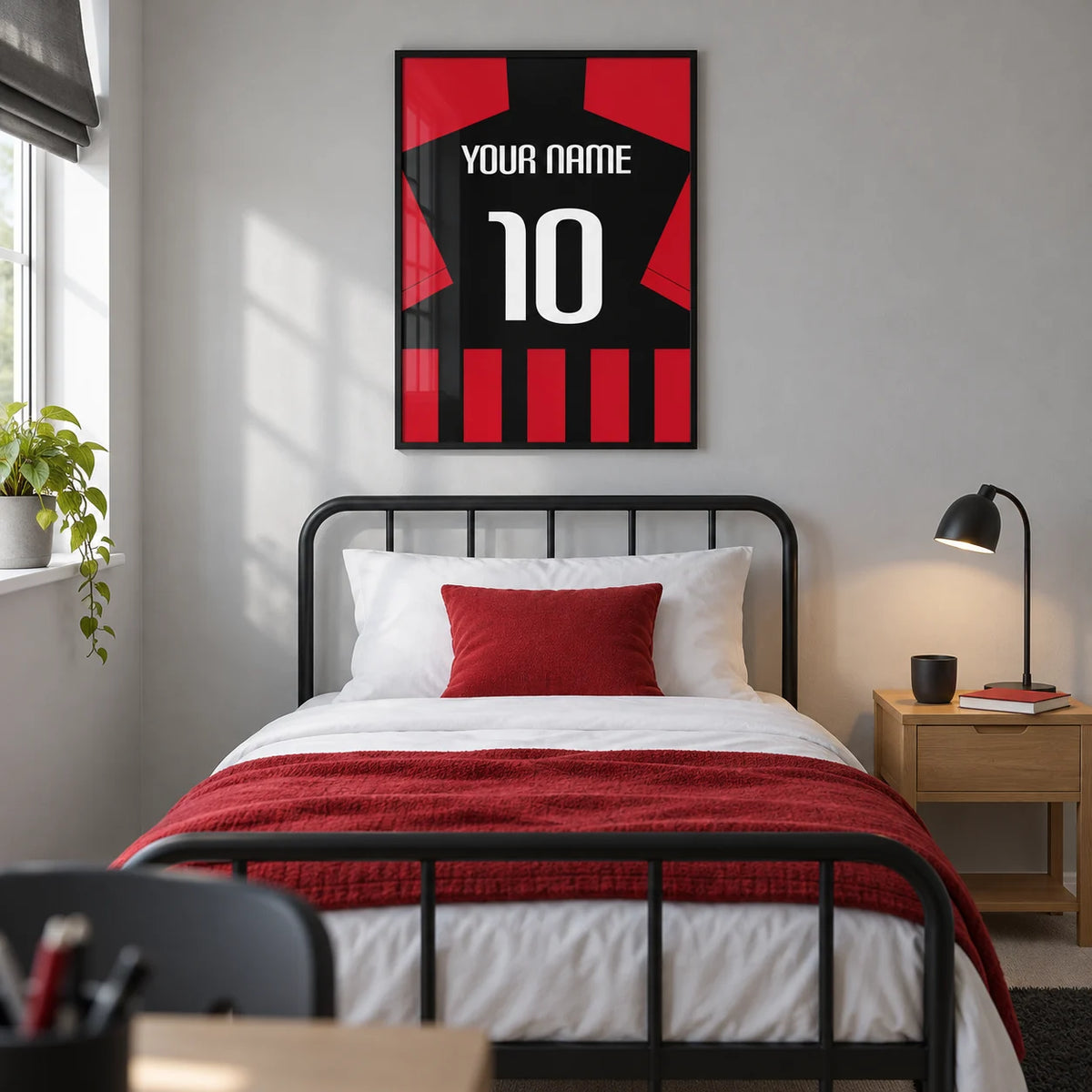 Football Shirt Poster in Black and Red Stripes, framed on the wall of a modern football-loving teenager's single bedroom (13-17) in a UK family home with a pale grey wall