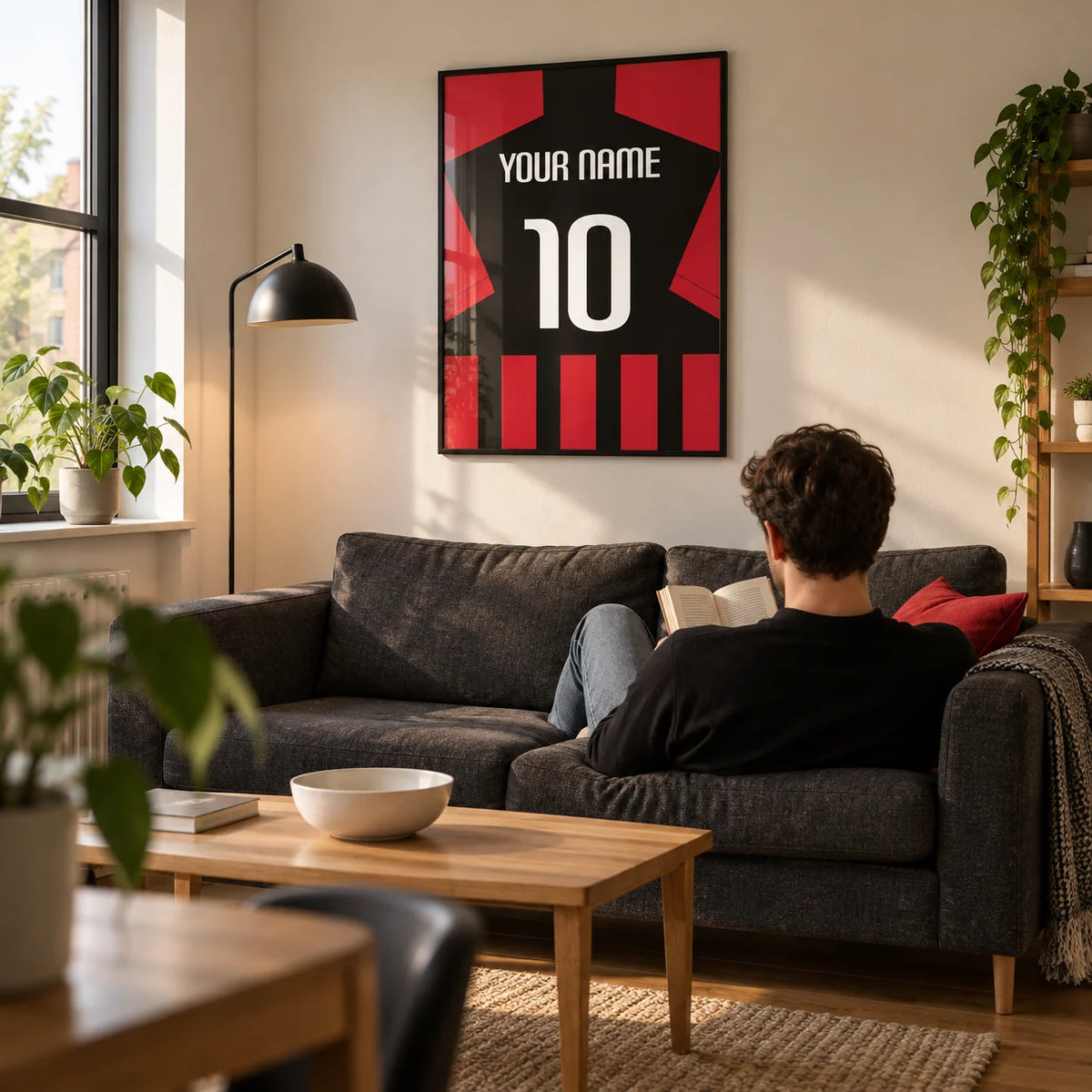 Football Shirt Poster in Black and Red Stripes, framed on the wall of a modern living room in a football fan's first flat (22-28) with a warm white wall and oak flooring