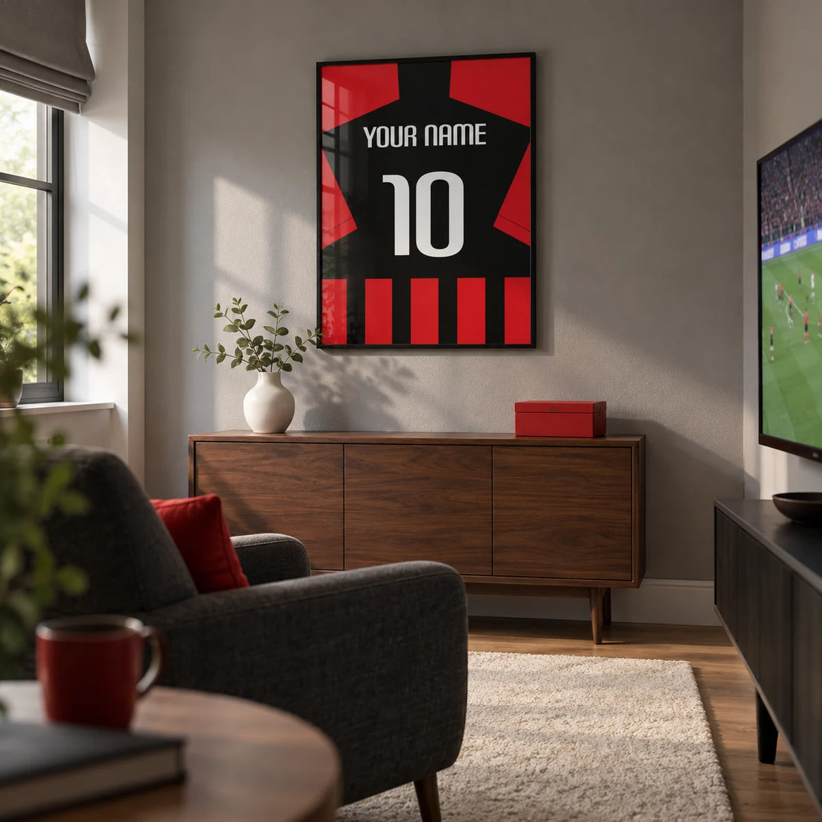 Football Shirt Poster in Black and Red Stripes, framed on the wall of a small football fan's snug in a UK family home with a muted grey wall in a living room