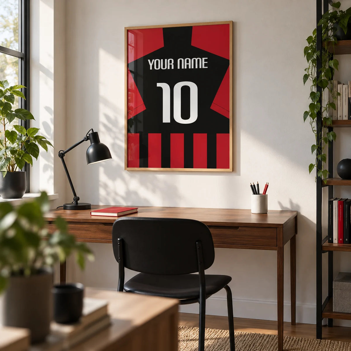 Football Shirt Poster in Black and Red Stripes, framed on the wall of a tidy young adult's home study with a white wall and a slim walnut desk