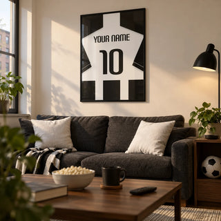 Football Shirt Poster in Black and White Stripes with Black Sleeves, framed on the wall of a compact match-day lounge in a young adult's UK first flat (22-28)