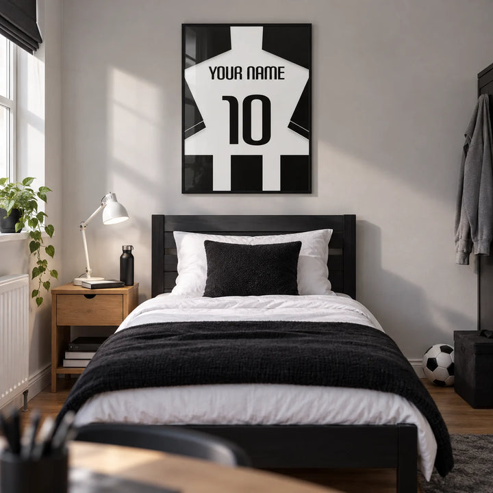 Football Shirt Poster in Black and White Stripes with Black Sleeves, framed on the wall of a modern football-loving teenager's single bedroom (13-17) in a UK family home
