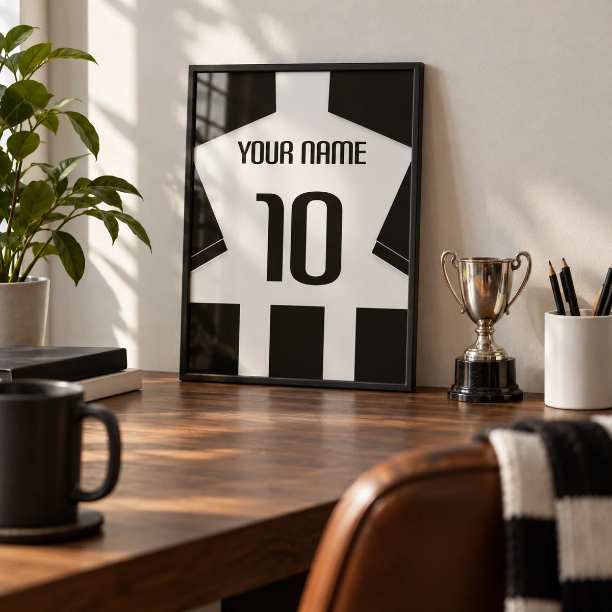 Football Shirt Poster in Black and White Stripes with Black Sleeves, a small A4 framed print leaning on a walnut desk