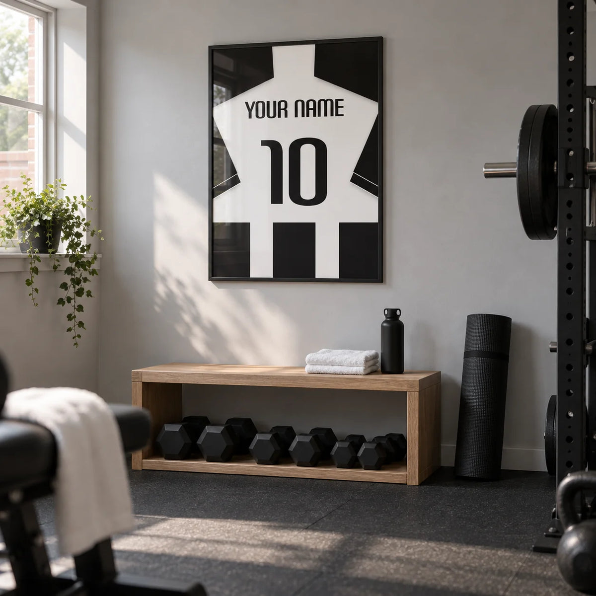 Football Shirt Poster in Black and White Stripes with Black Sleeves, framed on the wall of a tidy converted-garage home gym in a UK house