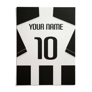 Football Shirt Poster in Black and White Stripes with Black Sleeves, shown as an unframed paper print on a plain white background