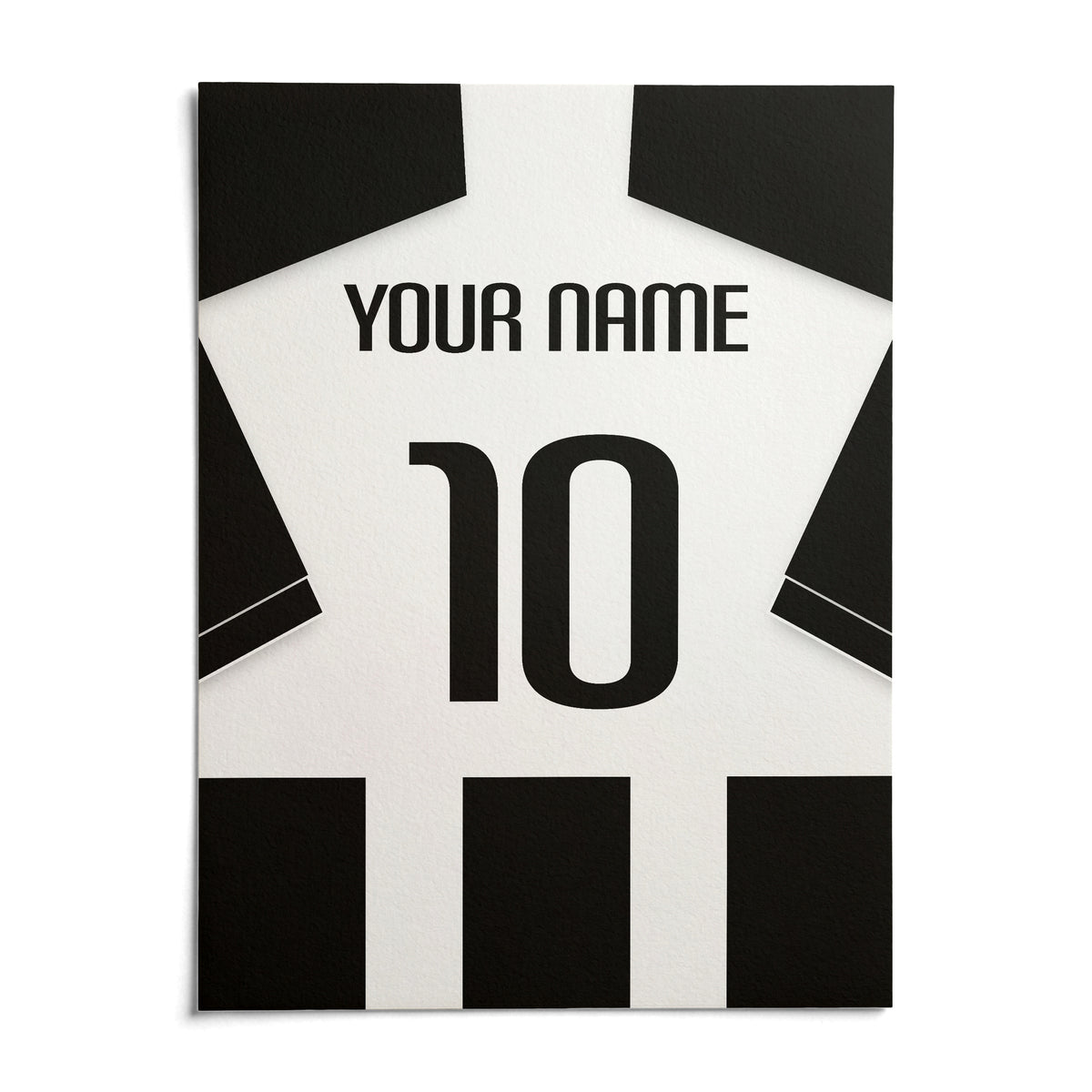 Football Shirt Poster in Black and White Stripes with Black Sleeves, shown as an unframed paper print on a plain white background