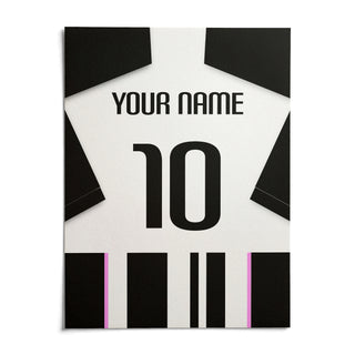 Football Shirt Poster in Black and White Stripes with Pink Accents, shown as an unframed paper print on a plain white background