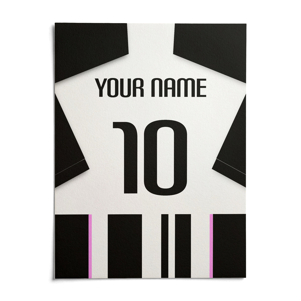 Football Shirt Poster in Black and White Stripes with Pink Accents, shown as an unframed paper print on a plain white background