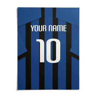 Football Shirt Poster in Blue and Black Stripes, shown as an unframed paper print on a plain white background