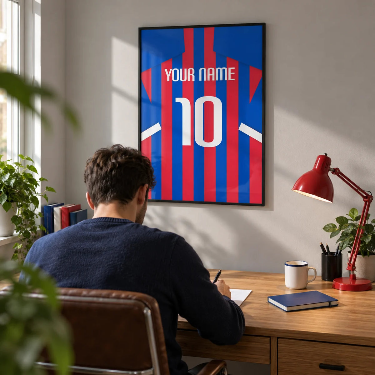 Football Shirt Poster in Blue and Red Stripes, framed on the wall of a crisp home study for a football fan (25-35) in a UK terraced house
