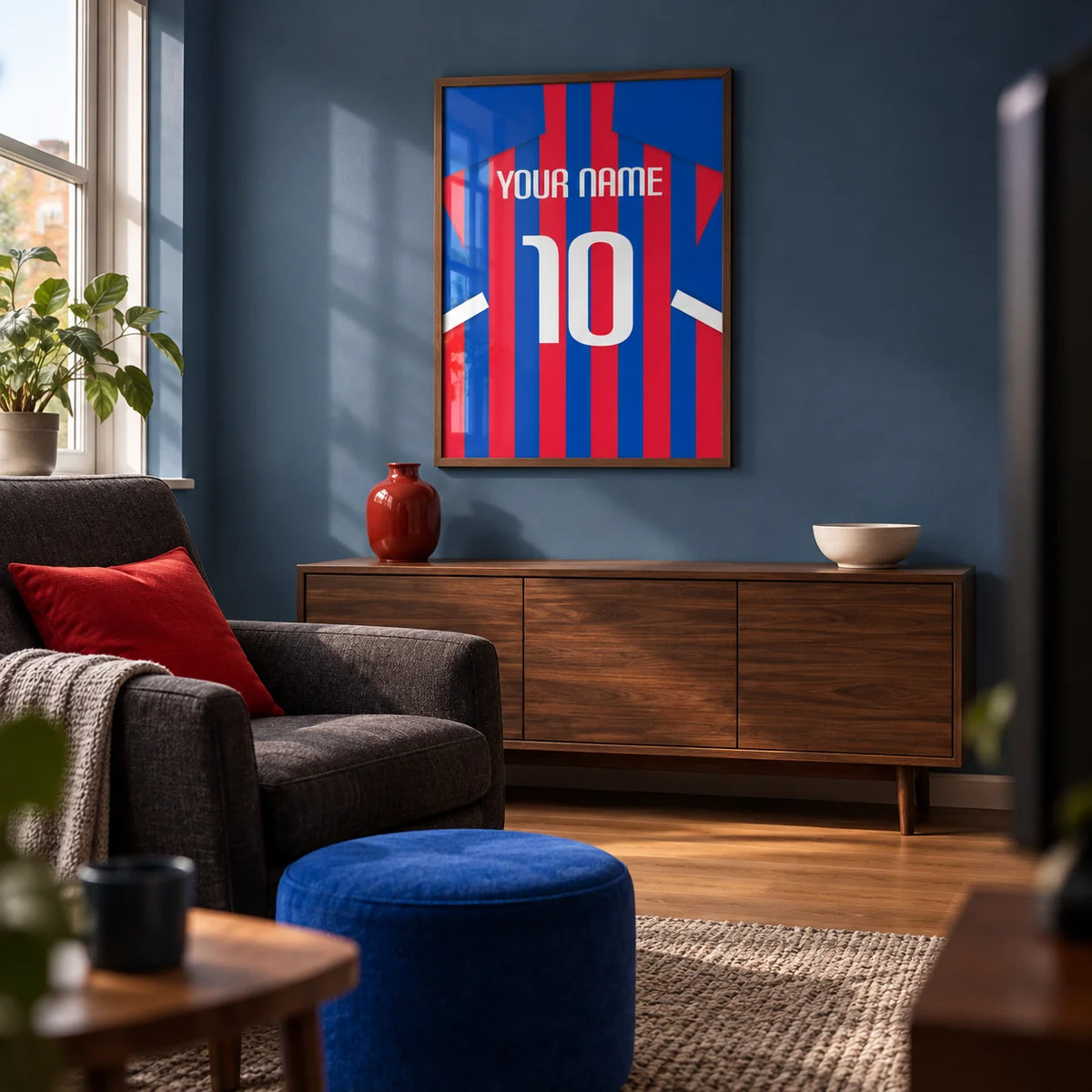 Football Shirt Poster in Blue and Red Stripes, framed on the wall of a dedicated football-watching snug in a UK semi-detached home in a living room