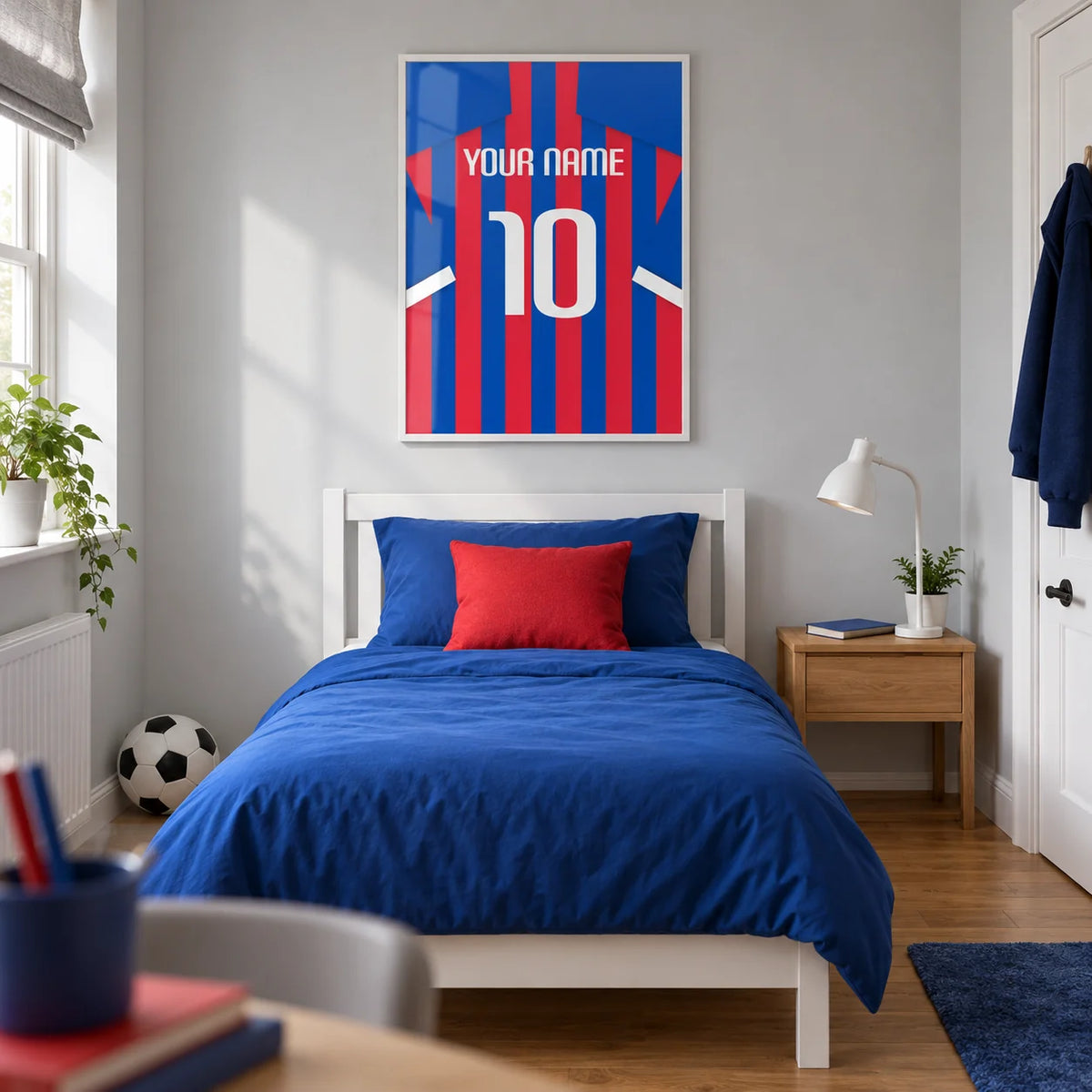 Football Shirt Poster in Blue and Red Stripes, framed on the wall of a modern football-loving teenager’s single bedroom (13-17) in a UK family home