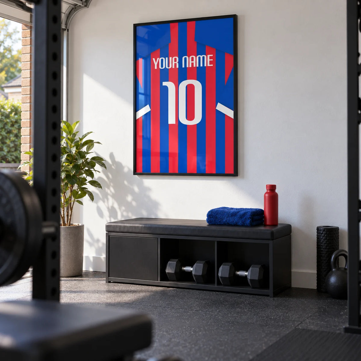 Football Shirt Poster in Blue and Red Stripes, framed on the wall of a small converted garage home gym in a UK house