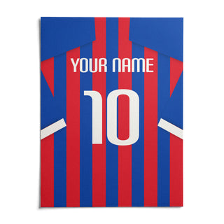 Football Shirt Poster in Blue and Red Stripes, shown as an unframed paper print on a plain white background
