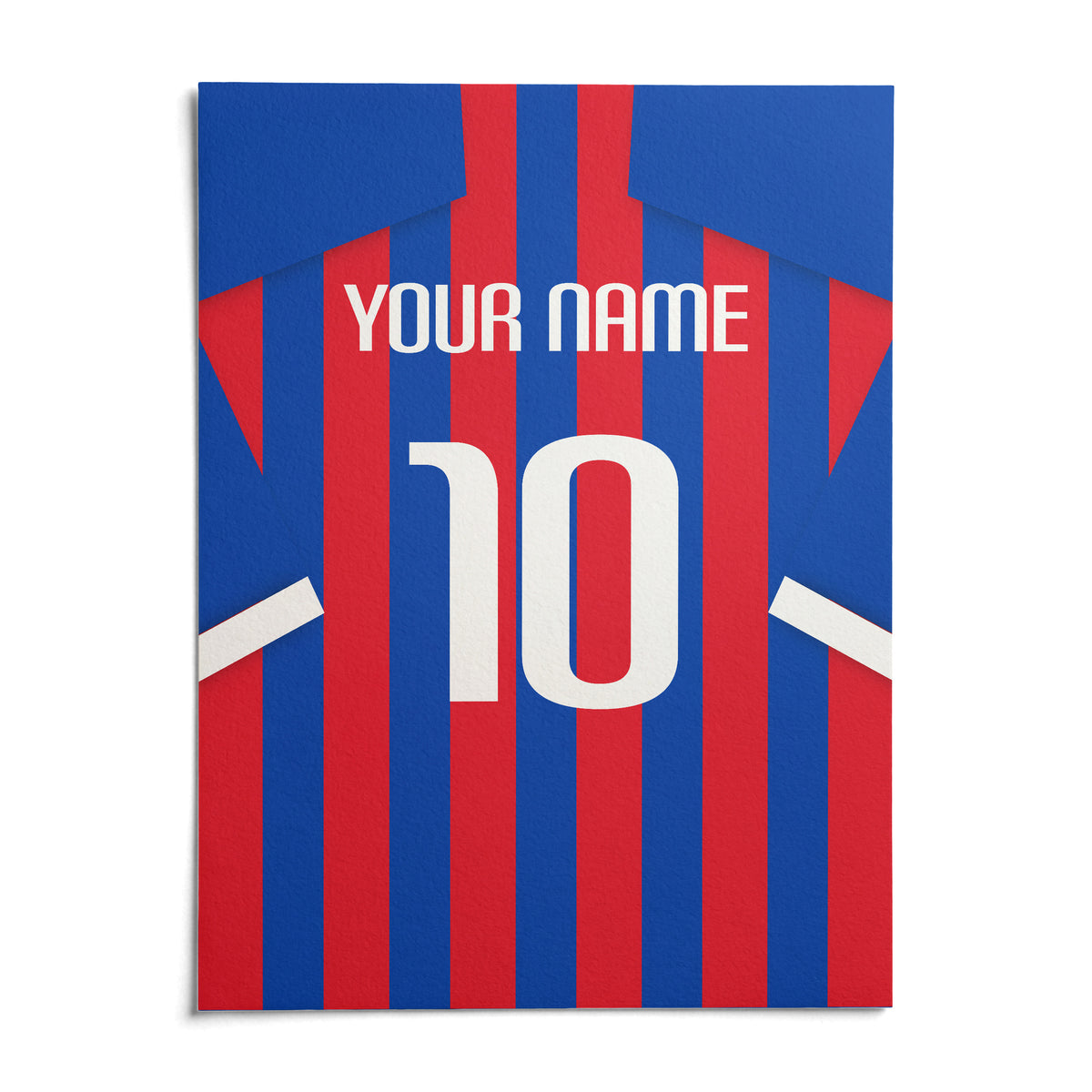 Football Shirt Poster in Blue and Red Stripes, shown as an unframed paper print on a plain white background