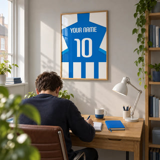Football Shirt Poster in Blue and White Stripes with Striped Sleeves, framed on the wall of a bright home study in a young adult football fan's UK terrace with a pale grey wall