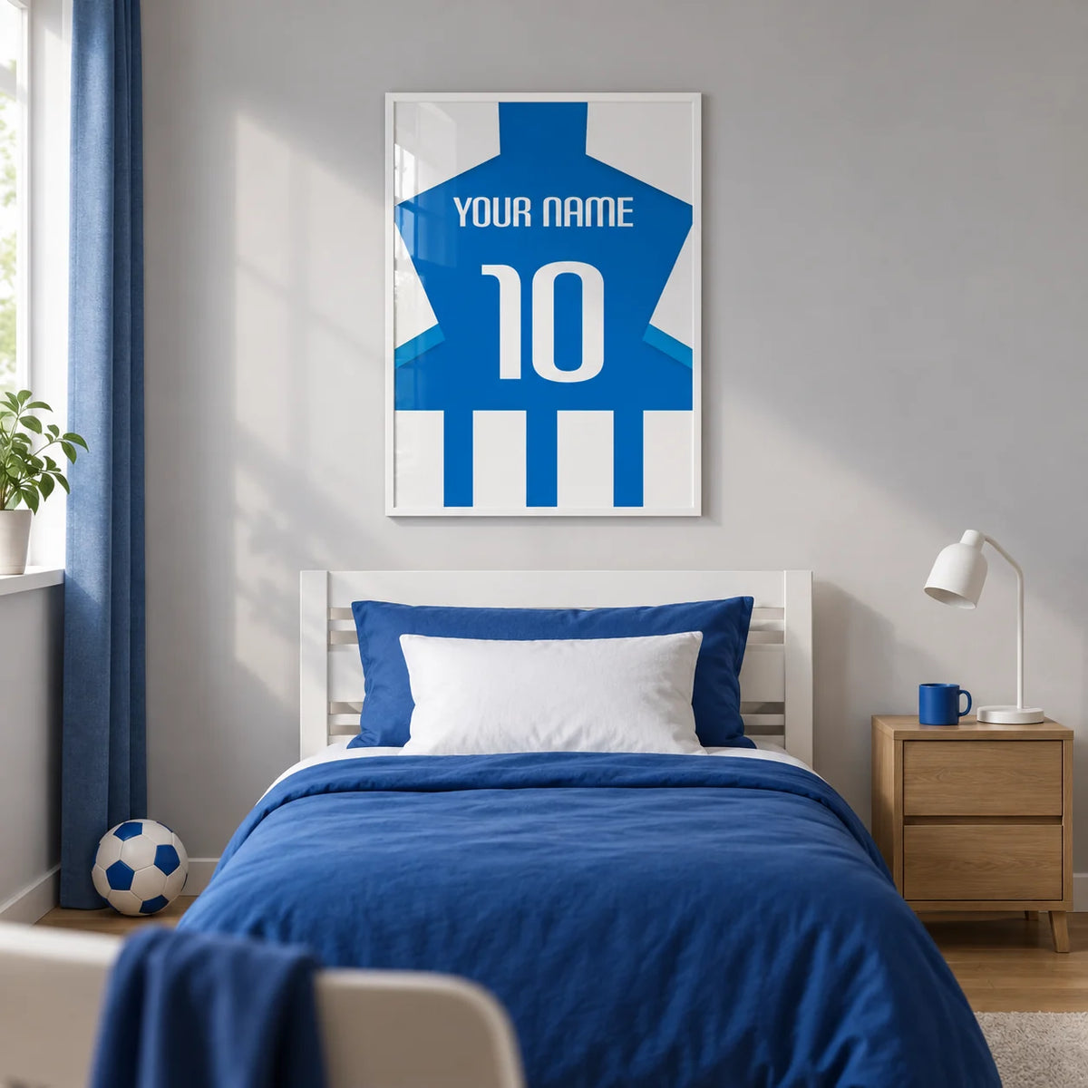 Football Shirt Poster in Blue and White Stripes with Striped Sleeves, framed on the wall of a modern football-loving teenager's single bedroom (13-17) in a UK family home with a pale grey wall and oak floor