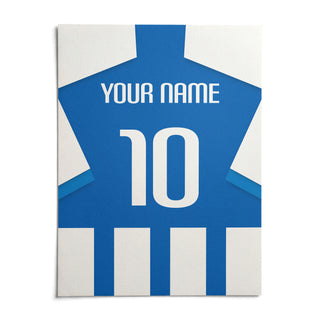 Football Shirt Poster in Blue and White Stripes with Striped Sleeves, shown as an unframed paper print on a plain white background