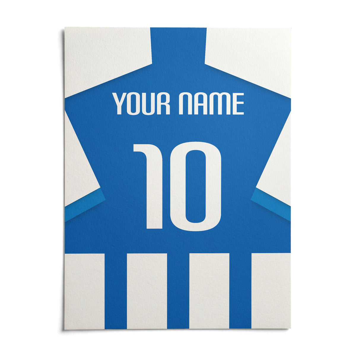 Football Shirt Poster in Blue and White Stripes with Striped Sleeves, shown as an unframed paper print on a plain white background