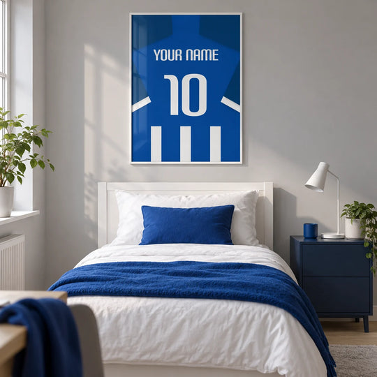 Camiseta de fútbol personalizada - rayas azules y blancas con número blanco