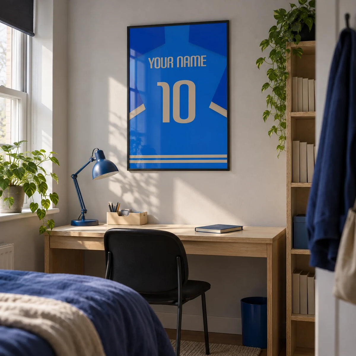 Football Shirt Poster in Blue with Beige Number, framed on the wall of a compact university study room (18-21) in a UK shared house with pale grey walls