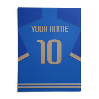 Football Shirt Poster in Blue with Beige Number, shown as an unframed paper print on a plain white background