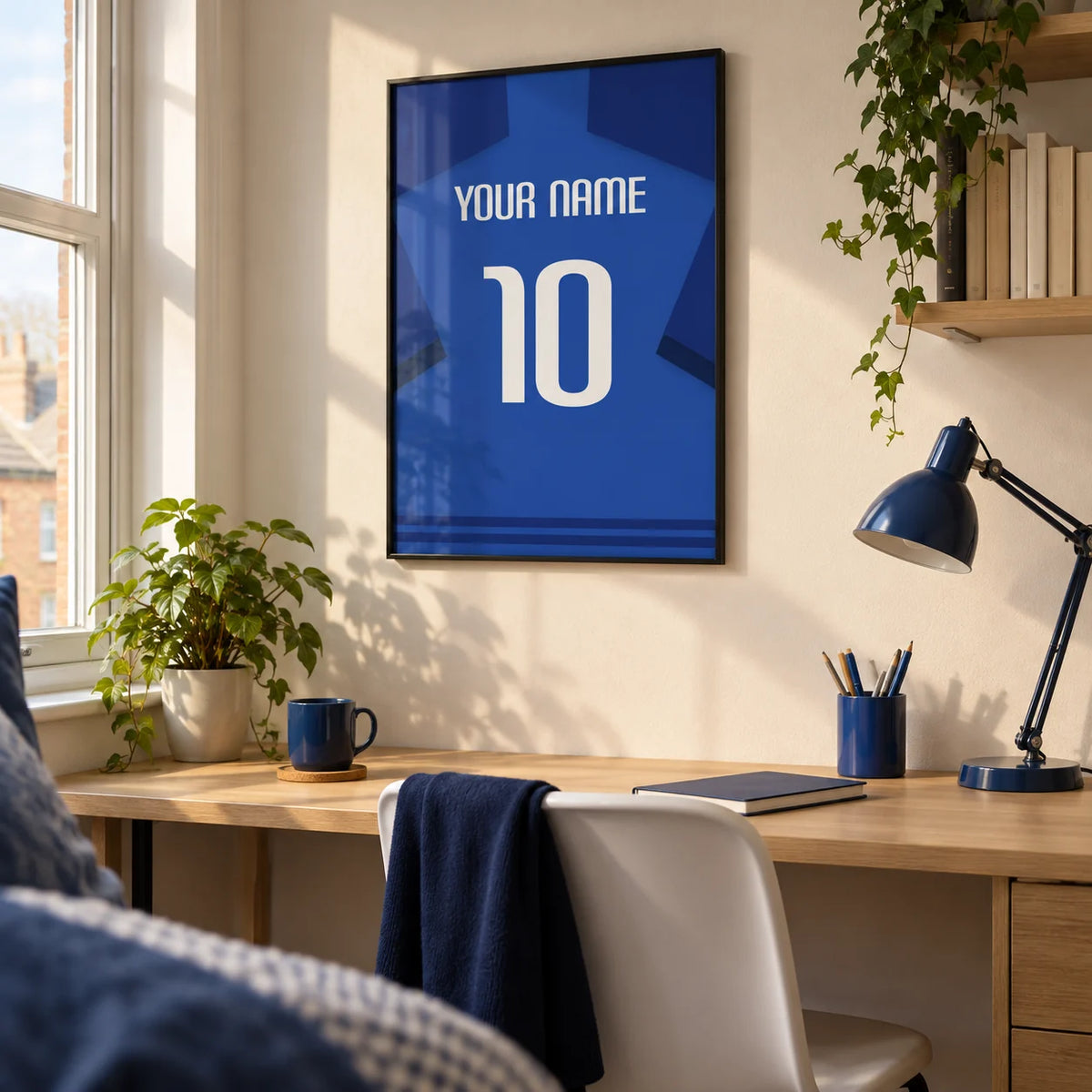 Football Shirt Poster in Blue with Dark Blue Sleeves and White Number, framed on the wall of a compact university study corner (18-21) in a British shared house with a warm white wall