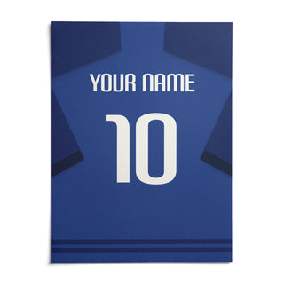 Football Shirt Poster in Blue with Dark Blue Sleeves and White Number, shown as an unframed paper print on a plain white background